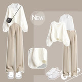 Huibaolu Women's Autumn/Winter Suit 2024 New Fashion Knitted Sweater White Shirt Casual Pants Three Piece Set Korean Elegant Matching Set