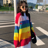 Huibaolu Spring Harajuku Knit Cardigan Women Striped Rainbow Sweater Coat Female Loose Sweaters Letter Embroidery Jumper Cardigans