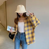 Huibaolu Vintage Plaid Shirts for Women Harajuku Streetwear Single-Breasted Loose Casual Blouse Woman Korean Wild Long Sleeve Shirt