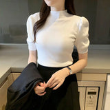 Huibaolu High Neck Bubble Sleeve Bottom Top for Women Spring and Autumn New Slim Fit Sweater Vest Half Short Sleeve Knit Tops