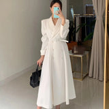 Huibaolu Women's Spring Autumn Casual A-Line Midi White Shirt Dress Long Sleeve Elegant Slim Waist Vestidos Female Fashion Black Clothes