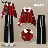 Huibaolu Spring New Polo Shirt Sweater + Casual Sports Wide-leg Pants Two-piece Woman Tracksuit Set Korean Elegant Loose Sportswear