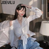 Huibaolu Shoulder V-neck Shirt Chic Lace Up Long Sleeve Crop Top French Sexy Blouse Women Korean Style Spring and Summer Elegant Tops