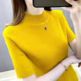 Huibaolu 2024 New Sleeve Short Half Turtleneck Thin Knitted Green Undershirt Versatile Top