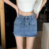 Huibaolu Khaki Denim Cargo Mini Skirt Women 2024 Summer High Waist Bag Hip Skirts Female Sexy Skinny Pocket Anti-Glare Short Skirts