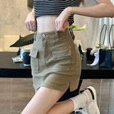 Huibaolu Khaki Denim Cargo Mini Skirt Women 2024 Summer High Waist Bag Hip Skirts Female Sexy Skinny Pocket Anti-Glare Short Skirts