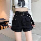 Huibaolu American Retro Cargo Skirt Woman High Street Big Pocket Y2K Mini Skirts Korean High Waist Anti-Glare Short Skirt for Women