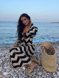 Huibaolu Knitted Hookflower Striped Long Dress 2024 Summer Women V-neck Hollow Out Lace Up Long Sleeve Vestido Lady Vacation Robe