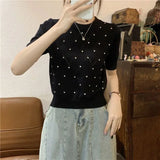 Huibaolu 2024 New Unique Puff Sleeve Design Sense Niche Diamonds Plaid Tank Top Space Pattern Short Sleeve Women's Knitted Top