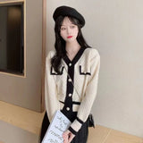 Huibaolu Harajuku Contrast Y2K Knit Cardigan Women Korean Chic V-Neck Short Sweater Coat Ladies Casual Wild Long Sleeve Cardigans