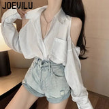 Huibaolu Off Shoulder Shirt Women's Loose Fitting Mid Length Niche Design Tops Summer French Style Thin Top Korean Casual Blouses