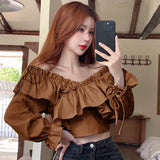 Huibaolu Korean Fashion Ruffles Chiffon Blouse Women 2024 Spring Patchwork V-Neck Shirts Female All-Match Long Sleeve Crop Tops