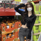 Huibaolu Bandage T-shirt Polo Neck Irregular CropTop Babes Korean Slim Long Sleeve Tee Vintage Gothic Y2k Clothes Skinny Shirt