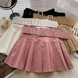 Huibaolu Summer Pleated Skirt Women Korean Fashion with Belt Mini Skirts Girl Kawaii High Waist School Uniform A-Line Short Skirts