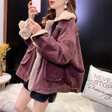 Huibaolu Thicken Corduroy Winter Jacket Women Korean Zipper Warm Lamb Wool Cotton Coat Ladies Casual Loose Turndown Collar Parkas