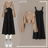 Huibaolu Women's Autumn Winter New Knitted Sweater Dress Matching Set Korean Elegant Short Pullover Strap Skirt Two Piece Female Clothing