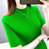 Huibaolu 2024 New Sleeve Short Half Turtleneck Thin Knitted Green Undershirt Versatile Top