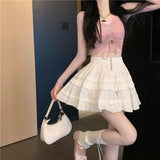 Huibaolu White Lolita Mini Skirts Women Sweet Cute Fairy Fluffy Skirt for Woman Summer Harajuku Japanese Style Kawaii Short Skirt