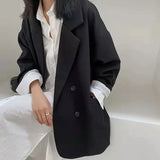 Huibaolu Vintage Loose Blazers Women Elegant Simple Solid Double-Breasted Casual Outwear Female Korean Fashion Business Suit Coat