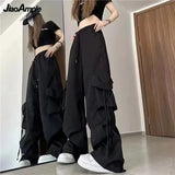 Huibaolu Women's Spring Autumn Tracksuit Korean Elegant Casual Fake Two Piece Top+Black Cargo Pants Two Piece Set Female Sportwear Suit