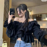 Huibaolu Korean Fashion Ruffles Chiffon Blouse Women 2024 Spring Patchwork V-Neck Shirts Female All-Match Long Sleeve Crop Tops