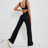 Huibaolu Hollow Backless Scrunch Gym Flare Jumpsuit Sport Casual Women One Piece Outfits Yoga Dance Jump Suit Black Fitness Overalls