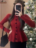 Huibaolu Year Ruffles Peplum Basis Pullovers Jumpers Long Sleeve Casual Loose Japan Cute Sweet Girls Bow Tie Red Knitted Sweaters