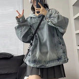 Huibaolu Harajuku Vintage Denim Hooded Sweatshirts Women Streetwear Trend Hip Hop Loose Hoodies Teens Cool Student Hoody Pullovers