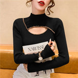 Huibaolu Neck Beaded Diamond Sweater Undershirt Women's Autumn and Winter New Cutout Design Sense Niche Top