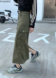 Huibaolu Maxi Denim Skirts New Design Autumn Women Fashion European Style Army Green Hight Waist Shirring Vintage Skirt