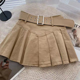 Huibaolu Summer Pleated Skirt Women Korean Fashion with Belt Mini Skirts Girl Kawaii High Waist School Uniform A-Line Short Skirts