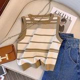 Huibaolu Sleeveless Cropped Tank Top Striped Knitted Camisole Lady Slim Summer Versatile New Top