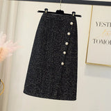 Huibaolu Autumn Winter Thicken Woolen Skirts Women Korean Fashion Shiner High Waisted Skirt Ladies Chic Pearl Buttons A-Line Skirts