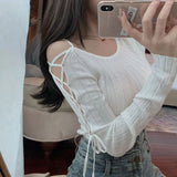 Huibaolu Long Sleeve Knitted Shirt Women's Off Shoulder Sexy Tops Slim Chic T-shirt Spring and Autumn Pullover Solid Y2k Sweater