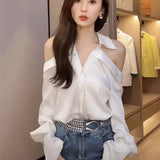 Huibaolu Elegant Ladies Tops Shoulderless Solid Color Shirts Hollow Long Sleeves Summer Loose Blouses Women White Blusas Mujer