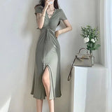 Huibaolu Korean Fashion Women Long Dress Summer Elegant Drawstring V-Neck Maxi Dress Female Slim Fit Split Evening Party Vestidos