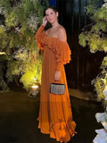 Huibaolu Off Shoulder Ruffles Maxi Dress For Women Fashion Sleeveless Backless Pleated Robes 2024 Chic Female Night Party Dresses