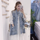 Huibaolu Luxury Pearls Women Denim Vest 2024 Harajuku Loose Pocket Sleeveless Jeans Jacket Woman Summer Fashion Cowboy Waistcoat