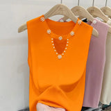 Huibaolu Knitted Suspender Vest Women Wear Summer 2024 New Beaded Design Sleeveless Slim Women Top