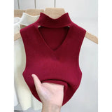 Huibaolu Out V-neck Sweater Half High Neck Knitting Small Camisole Women's Inner Vest Sleeveless Short Top