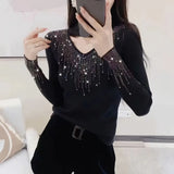 Huibaolu Heavy Industry Hot Diamond Sweater for Women's Autumn Winter New Style Slim Hollow Out Inner Knitwear Top