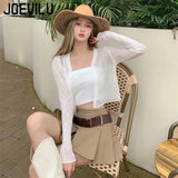 Huibaolu Thin Sunscreen Shirt Women's Summer Outerwear Crop Tops Hollow Out White Long-sleeved Cardigan Elegant Casual Shawl Coat