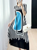 Huibaolu slim fitting striped printed dress for women's 2023 summer new pleats LOOSE maxi dresses for women