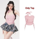 Huibaolu Cake Skirt Set Babes Strap Drawstring Bra Top Bow Elastic Waist Slimming Mini Skirts 2 Piece Sets Women's Outfits Y2k Suit