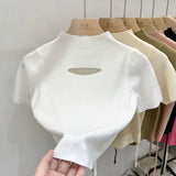 Huibaolu Hollow Sweet Slim Short Sleeve Female Summer 2024 New Semi-high Collar Bottoming Shirt Niche Short Top Female