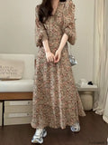 Huibaolu Temperament Dresses New Design 2024 Women Honeymoon Holiday Date Girls Floral Print Lace-Up Bow Tie Retro Long Maxi Dress