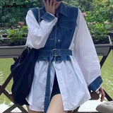 Huibaolu Women's Spring New Casual Blouse Denim Pants Matching Set 2024 Korean Elegant Chic Fake Two Piece Long Sleeved Top Jeans Suit