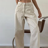 Huibaolu Solid Color Casual Straight Pants Female Beige Loose Wide Leg Denim Trousers Women Spring New High Waist Jeans De Mujer