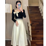 Huibaolu Hepburn Women Dresses Spring Korean Fashion Chic Square Collar Bow Long Sleeve Vestidos Patchwork Prom A Line Dress New