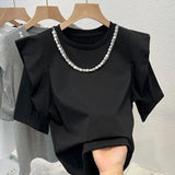 Huibaolu Korea Dongmen Spring/Summer New Solid Round Neck Design Pearl Chain Casual Short Sleeve T-shirt